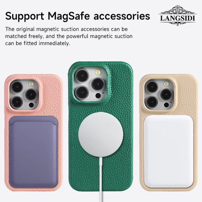 For Magsafe Case for Iphone 17 15 16 Pro Max Air 17Pro Natural Cowhide Lychee Leather Magnetic Protector Luxury Phone Back Cover