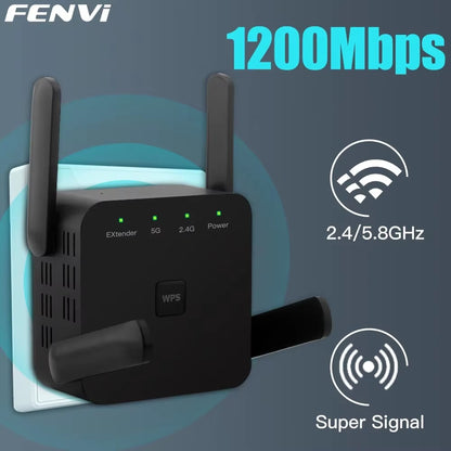 5Ghz AC1200 Wifi Repeater 1200Mbps Router Black Wifi Extender Amplifier 2.4G/5Ghz Wi-Fi Signal Booster Long Range Network